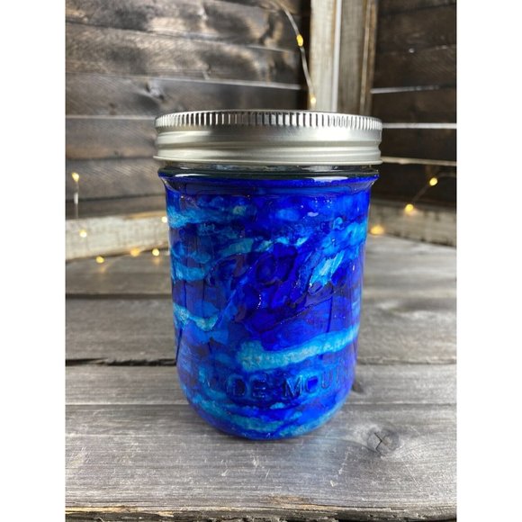 Storage Organization Trinket Quart Mason Jar Resin Blue Silver Marbled Swirl - Picture 3 of 8